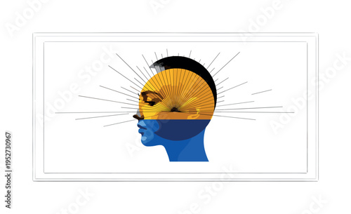 Black and white face in profile with a golden yellow circular shape overlapping the forehead like a setting sun, blue geometric block at the base creating