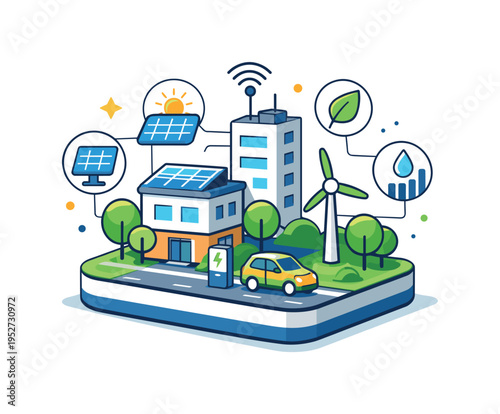 Sustainable urban technology represented by a tiny smart city block with trees, solar panels and connected sensors forming a visual metaphor of green