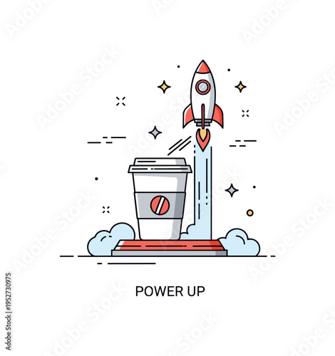 Productivity takeoff metaphor centered on a takeaway coffee cup acting as a launchpad with a sleek rocket lifting upward, expressing fast paced workflow and