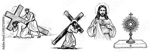 Jesus Christ stations of the cross with Sacred Heart and monstrance in sketch style