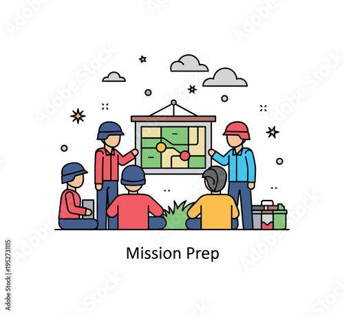 Field strategy briefing scene illustrated by a small group gathered around a simple map board. A short ?Mission Prep? caption highlights planning, coordination
