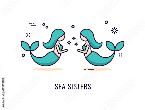 Mermaids underwater ocean friendship concept showing two simplified mermaid silhouettes facing each other with small star accents between them, symbolizing