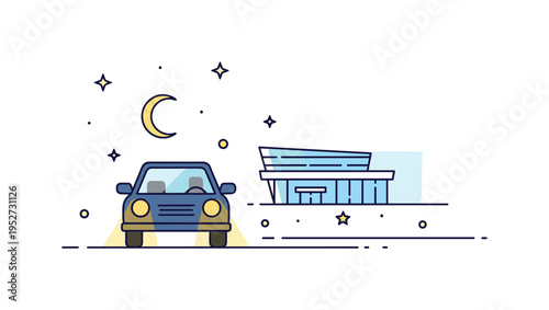 Night drive to the airport showing a car with headlights on and a glowing terminal outline ahead. Subtle star elements reinforce late departure and calm