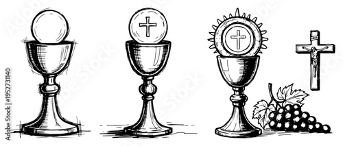 Chalice and holy host icons set for eucharist celebration in hand drawn sketch style