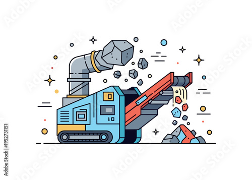 Rock crushing machinery illustration built around a large industrial crusher with fragmented rock shapes entering and processed material exiting, expressing