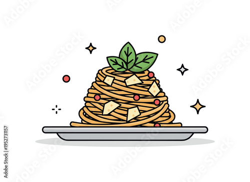 Gourmet pasta presentation with a neatly twirled nest of spaghetti topped with basil leaf and parmesan shavings expressing authentic Italian cuisine and