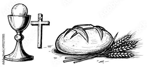 Eucharistic symbols of chalice bread and wheat stalks in hand drawn sketch style