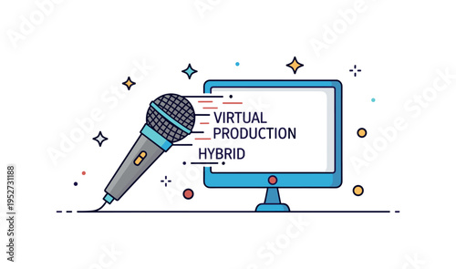 Virtual event production hybrid conference concept illustrated by a physical microphone merging into a digital screen outline. The composition conveys the