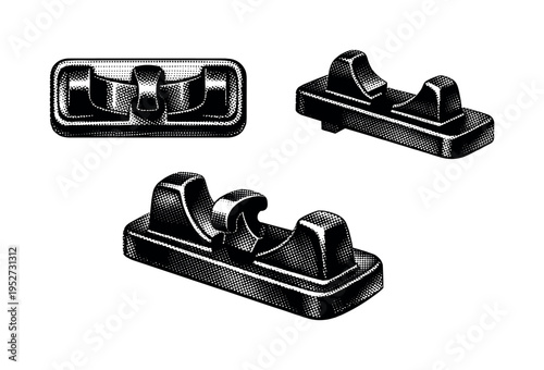 Payphone metal handset cradle with hook switch detail, depicted as one realistic cradle component displayed in three views including top, side, and angled