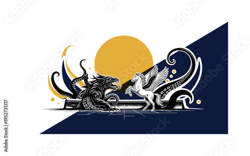 Black and white mythical kraken-like beast emerging from arena floor facing a winged horse, bold mustard circular accent above as symbolic sun, deep navy