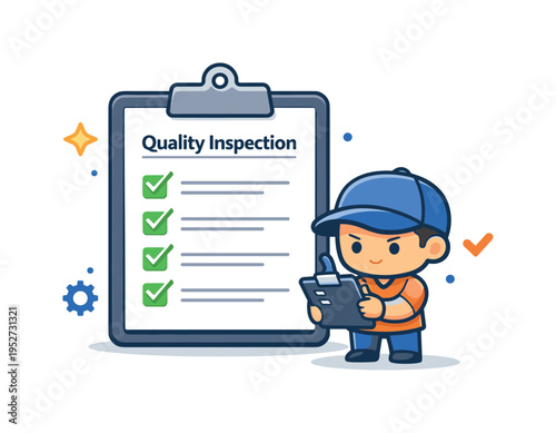 Quality inspector checklist clipboard showing a focused mini character holding a clipboard with clear checkmarks and item rows, expressing accuracy,