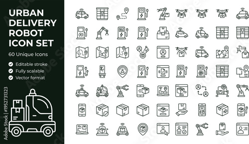 Urban delivery robot line icon set with autonomous logistics vehicles smart courier systems and transport technology symbols