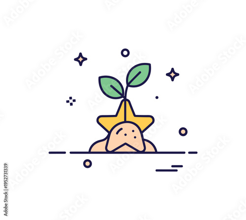 Empowered self growth illustrated by a small plant sprout emerging from a star shaped base, symbolizing nurturing energy and personal development. The clean