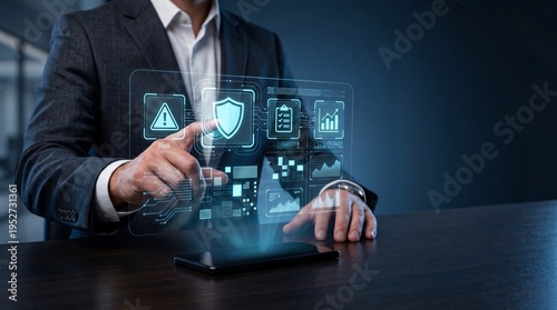 Business professional interacting with holographic digital interface in office , AI Governance Compliance Audit concept