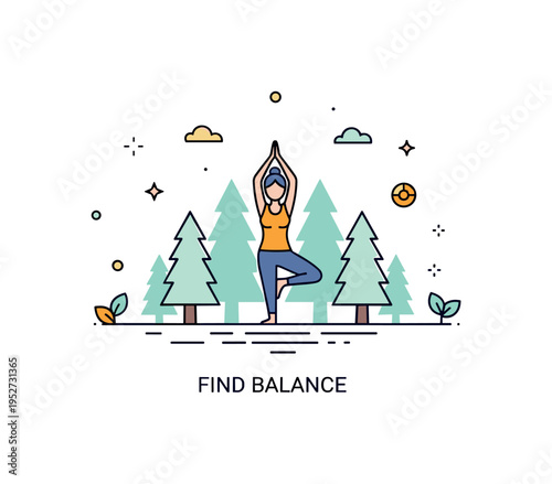 Forest yoga sessions featuring a calm figure in tree pose surrounded by simple pine silhouettes and soft ground line. Subtle leaf accents and a short ?Find