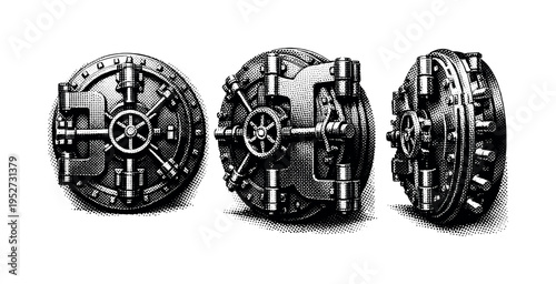 Vault door. A massive reinforced vault door depicted as a single object presented in three different views showing circular structure, locking mechanism, and