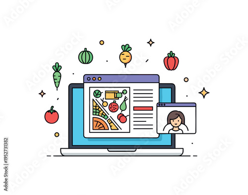 Online nutrition consultation with a laptop screen displaying a diet chart and small vegetable icons around it. The scene communicates digital healthcare
