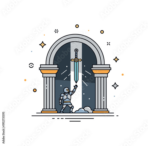 Heroic quest moment small armored silhouette reaching toward a mystical sword illuminated by a vertical beam of light within a shadowed temple arch. A symbolic