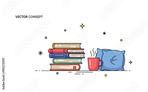 Cozy reading nook stack of books placed beside a steaming mug and soft pillow accent. A modern concept badge expressing relaxation and quiet winter moments.