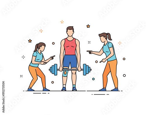 Fitness coach ensuring safe lifting technique theme shown as a trainer pointing to foot placement and balanced stance while the athlete holds a barbell at mid