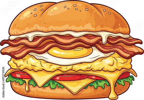 Delicious Bacon, Egg, and Cheese Burger with Melted Cheese and Fresh Vegetables on a Soft Bun