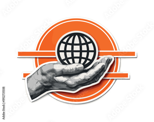 Retro style monochrome marble hand holding a small abstract globe icon, intersected by orange circular frame and horizontal lines, layered paper cut-out look
