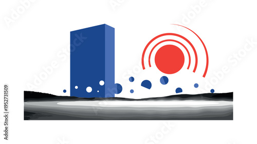 Black and white lake under bright abstract sun with visible mist layer, oversized deep blue rectangular block contrasting behind the horizon, sharp red