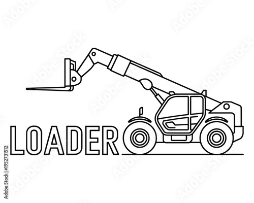 A black and white line art illustration of a telehandler or telescopic loader machine with forks