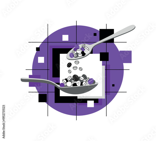Oversized monochrome spoon sprinkling granola cropped dramatically at the edges, framed by a bold purple circular shape and intersected by thin black grid
