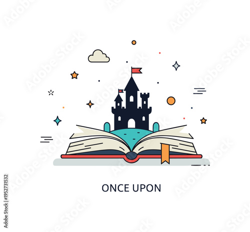 Childrens storybook fairy tale castle scene with a compact book base and a tiny castle silhouette rising from its pages, expressing fantasy and imaginative