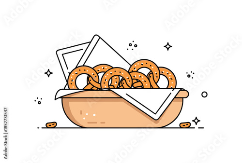 Soft pretzel snack basket depicted with a rounded basket holding several salted pretzels and a folded napkin peeking out, expressing comfort food and simple