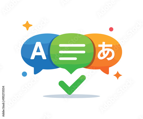Understanding through translation showing two speech bubbles merging into one clear message with a small check mark representing successful communication