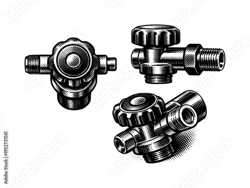 Oxygen tank valve, detailed metal oxygen tank valve with control knob and outlet shown from top view, side profile, and angled close-up with