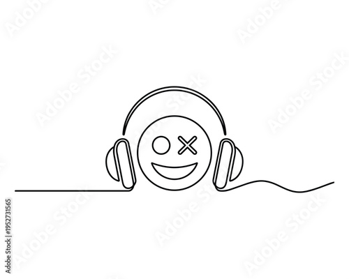Continuous line drawing of a happy face emoji wearing headphones and listening to music