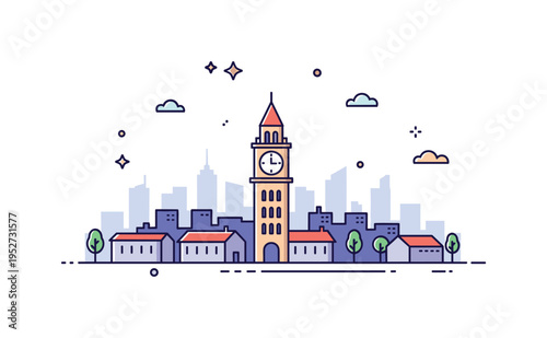 Clock tower city skyline icon shown as a simplified urban silhouette with a prominent central clock tower rising above surrounding rooftops, symbolizing