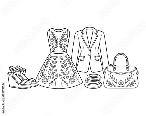 Fashionable womens outfit including a floral dress blazer wedges and handbag