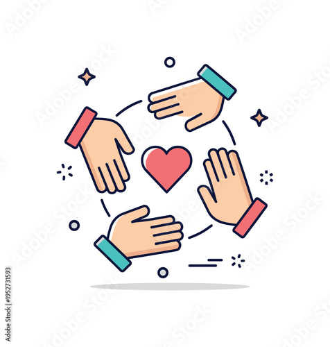 Volunteer teamwork collaboration illustrated by three simplified hands forming a circle around a central heart icon. The scene conveys unity, shared goals, and