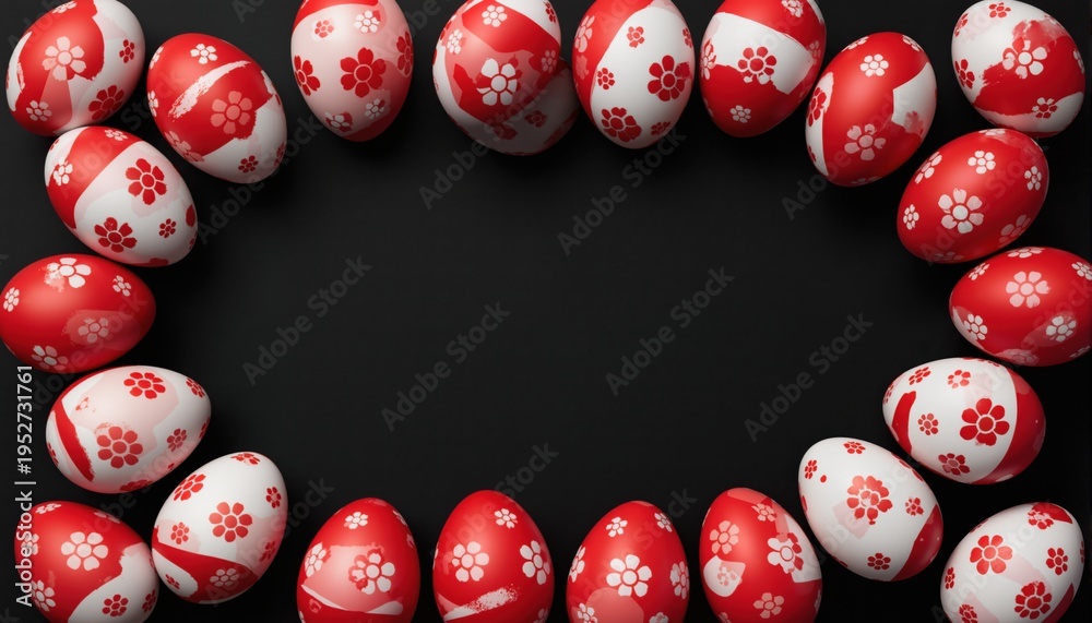 Obraz premium Red and white easter eggs on a black background. Space for text. 