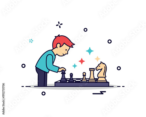 Young player discovering chess illustrated by a small figure silhouette facing a chessboard with subtle sparkle accents, expressing curiosity and cognitive