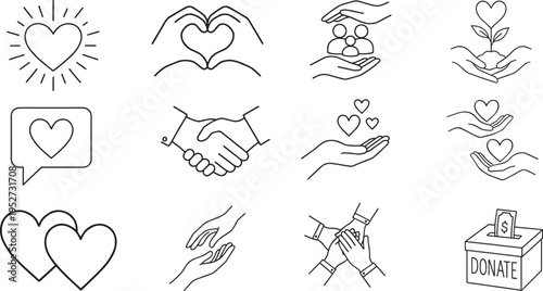 Hand-drawn line icons illustrating love, charity and community: handshake and family symbols conveying care, support, unity and generosity for nonprofit or social 