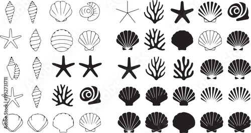 Set of seashells and marine life icons. variety of sea creatures elements