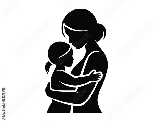 Stylized Silhouette of a Mother Tenderly Embracing Her Young Child with Love and Affection