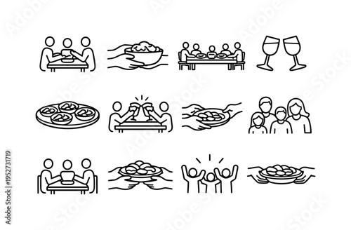 Shared Feast. Line icon set of Shared Feast: people dining, passing dishes, communal table, shared plates, clinking glasses, togetherness meal, serving hands,