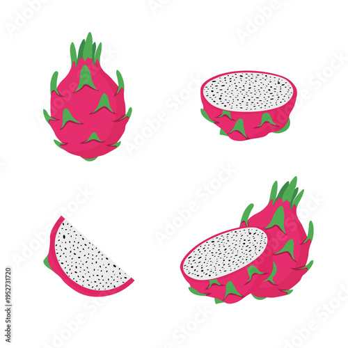 Fresh Dragon Fruit Pitaya Icon Set, Whole and Sliced Tropical Exotic Fruit with Seeds and Pink Peel Vector Illustrations
