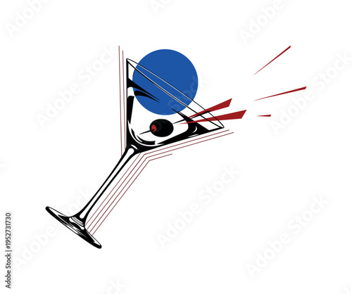 Black and white martini glass tilted dynamically, intense cobalt blue circle intersecting the upper bowl, deep red angular shards radiating subtly from the