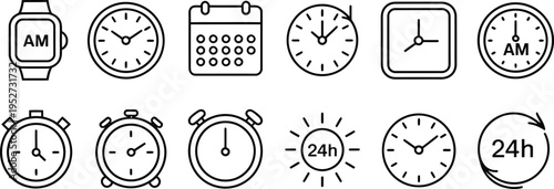 Clock and Watch Icons with Alarms and Calendars