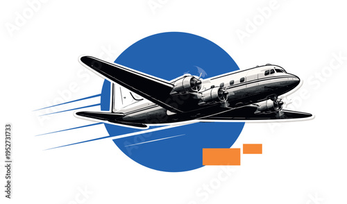 Black and white retro-style realistic airplane cut-out in side view, thin white outline creating paper collage effect, layered over a bold cobalt blue circle