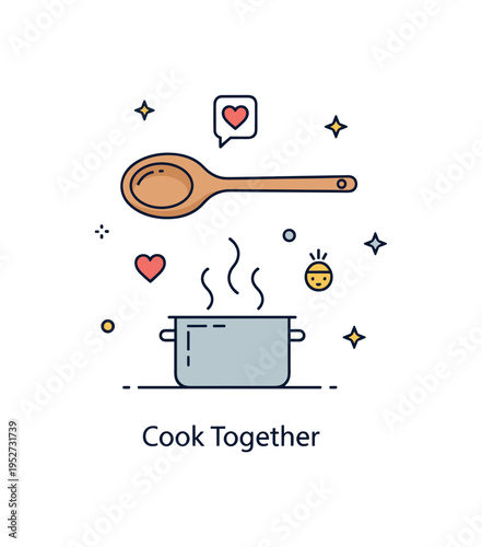 Family cooking moment concept featuring a wooden spoon held above a simple pot with light steam curls. Tiny heart icon and a short ?Cook Together? caption