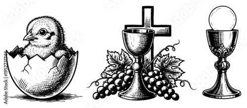 Chick in eggshell next to eucharist symbols in vintage engraving style