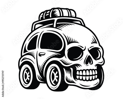 Stylized skull car with luggage rack on roof isolated on white background vector illustration